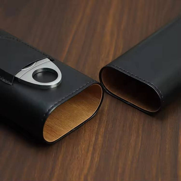Genuine Leather Cigar Case, Wood Lined Humidor with Cutter