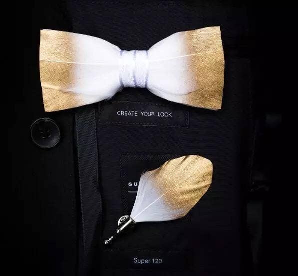 Handmade Golden White Feather Bow Tie W/free Lapel Pin Set