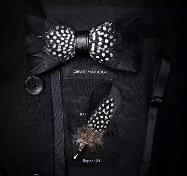 Handmade Adjustable Neckband Feather Bow Tie Black & White Polka Dot W/free Lapel Pin Set