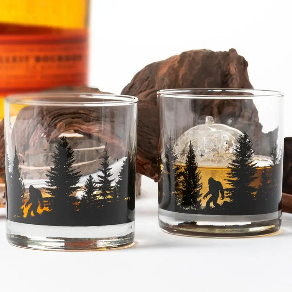 Bigfoot in the Forest Whiskey Glasses