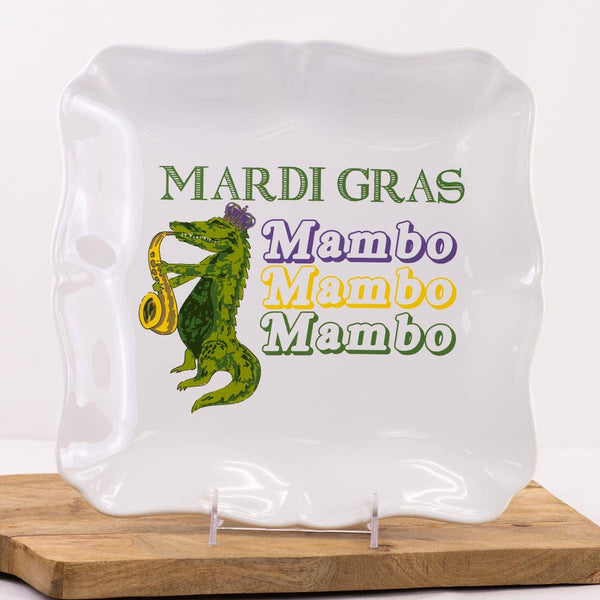 Mardi Gras Mambo Square Platter   White/Multi   11.5x11.5