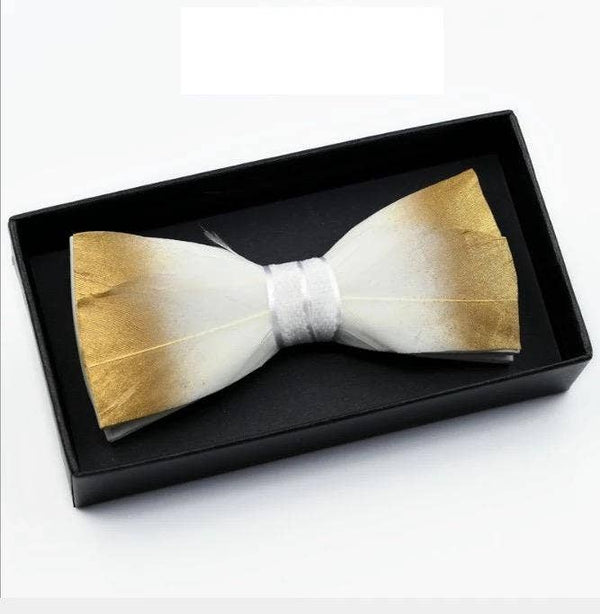 Handmade Golden White Feather Bow Tie W/free Lapel Pin Set