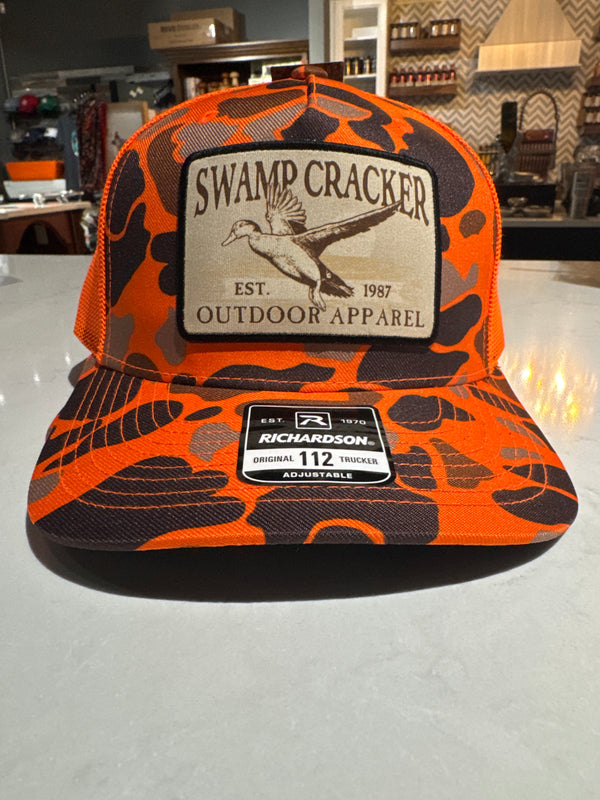 Swamp Cracker hat, flying duck bright orange camo