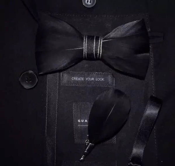 Hand Made Natural Bird Feather Black Exquisite Bow Tie 