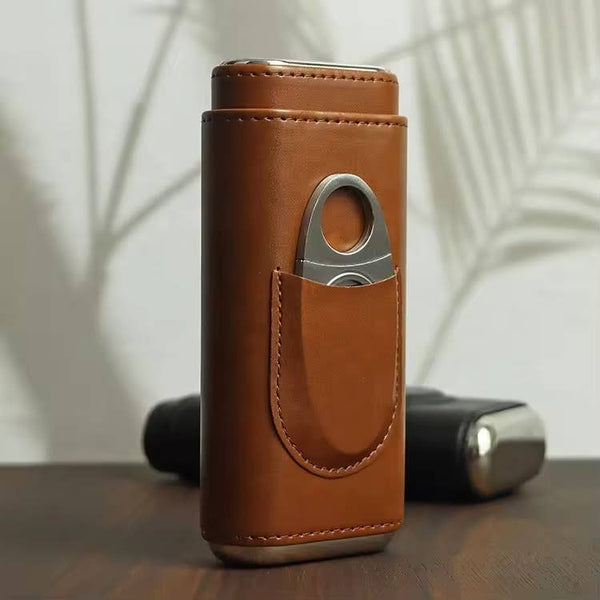 Genuine Leather Cigar Case, Wood Lined Humidor with Cutter