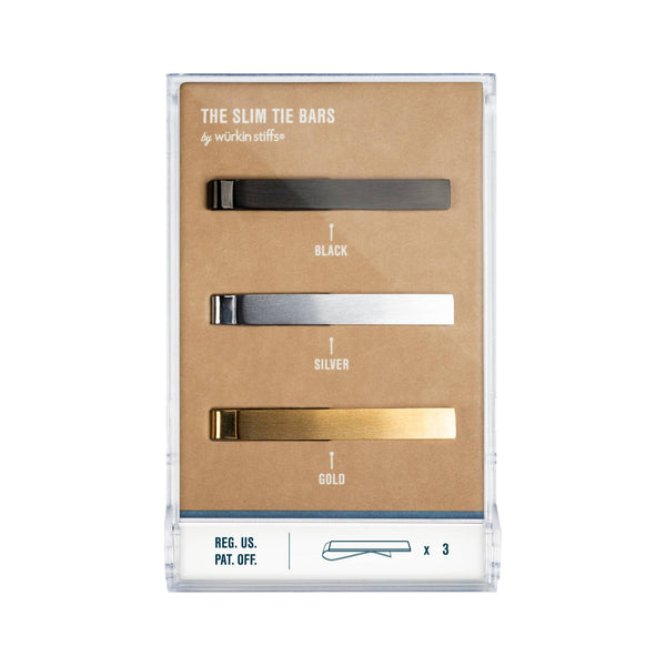 The Slim Tie Bar - Pack of 3 Black, Silver and Gold