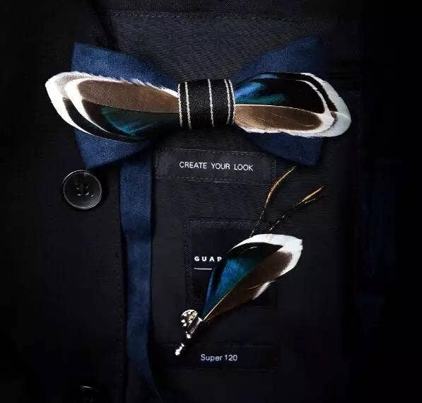 Handmade Blue Brown White Feather Bow Tie W/free Lapel Pin Set