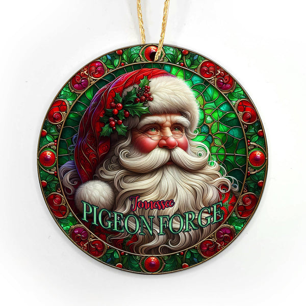 Santa Stained Glass "Look" WOOD Ornament-Custom Location