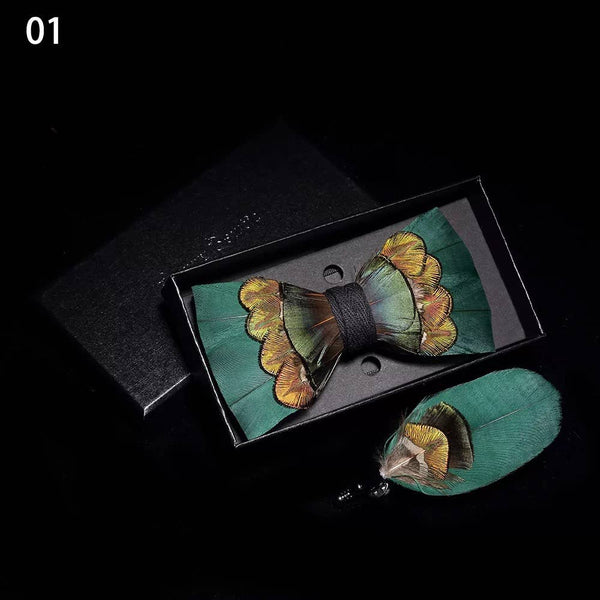 Handmade Green Feather Bow Tie W/free Lapel Pin Set