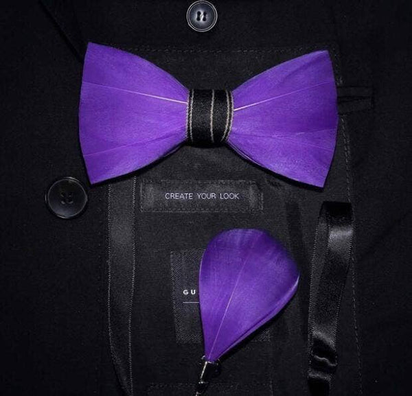 Handmade Purple Feather Bow Tie W/free Lapel Pin Set