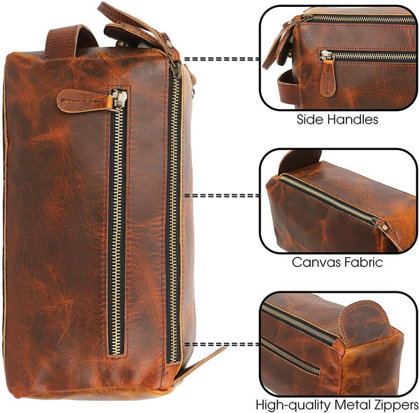 Tuzech Vintage Full Grain Leather Handmade Travel Toiletry Bag Vintage Travel Shaving & Dopp Kit : for Toiletries, Cosmetics & More (Dark Brown)