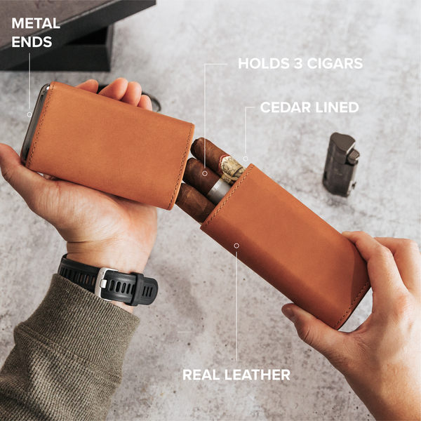 Premium 3 Cigar Protective Travel Case - Saddle Brown