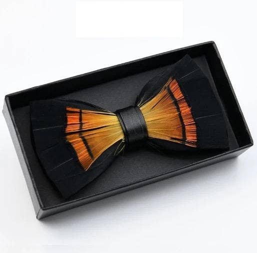 Handmade Black Orange Feather Bowtie W/free Lapel Pin Set