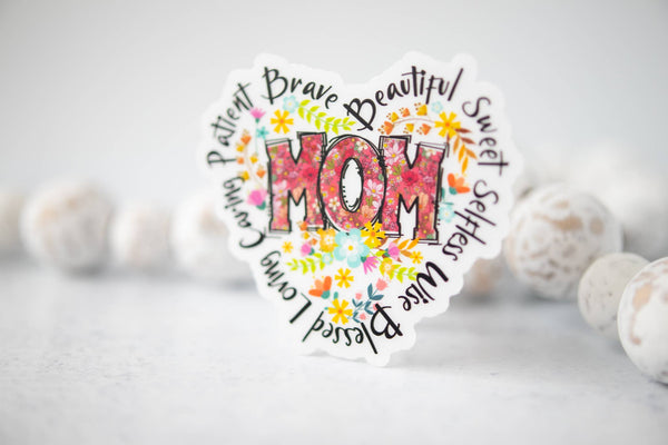Mom Heart, Floral, Clear Vinyl Sticker, 3x3 in.