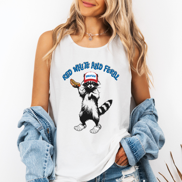 Red White and Feral, Raccoon, Funny, America, USA Tank Top