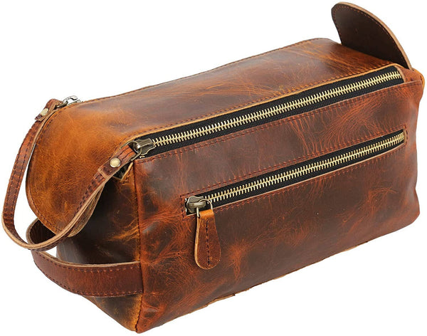 Tuzech Vintage Full Grain Leather Handmade Travel Toiletry Bag Vintage Travel Shaving & Dopp Kit : for Toiletries, Cosmetics & More (Dark Brown)
