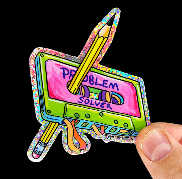 GLITTER STICKER: "Problem Solver" (Cassette Tape & Pencil): Glittery