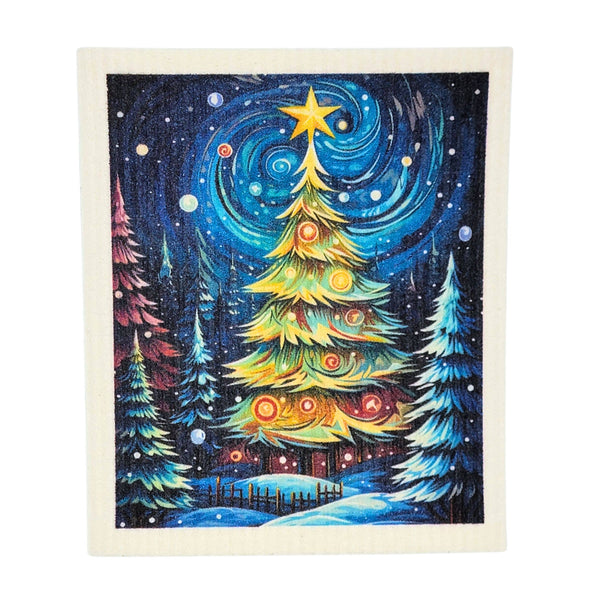 Starry Night Christmas Tree Swedish Dishcloth Holiday Decor
