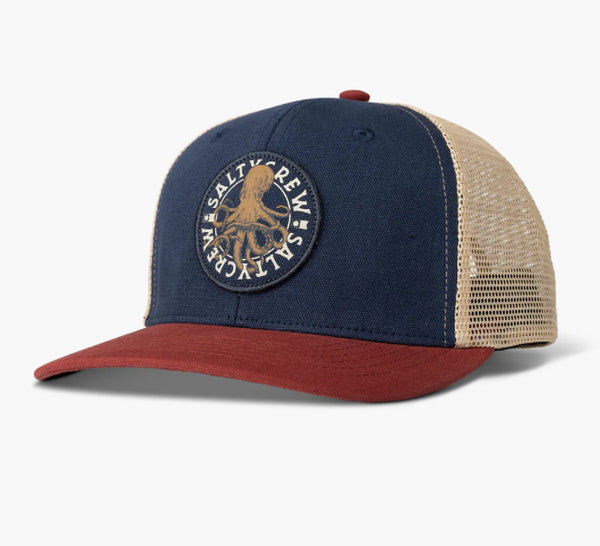 Salty crew tentacles boys retro trucker hat navy/burgundy