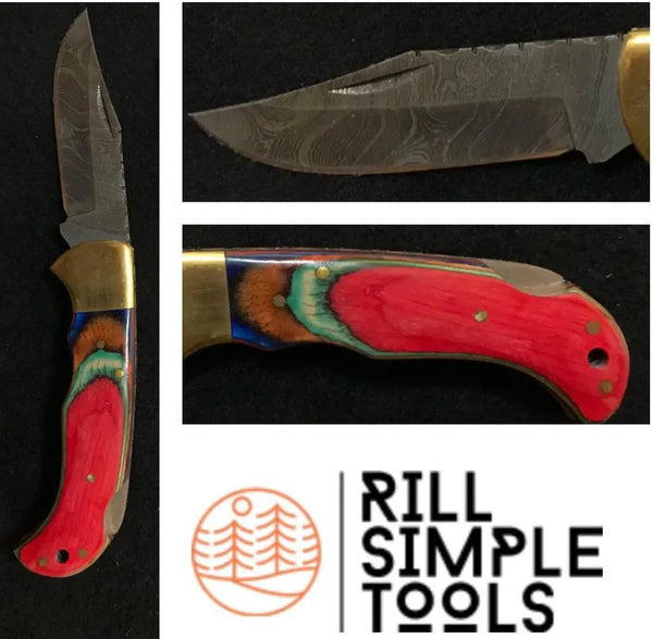 Rill Tools "Colorado Red" Damascus Folder (with sheath)