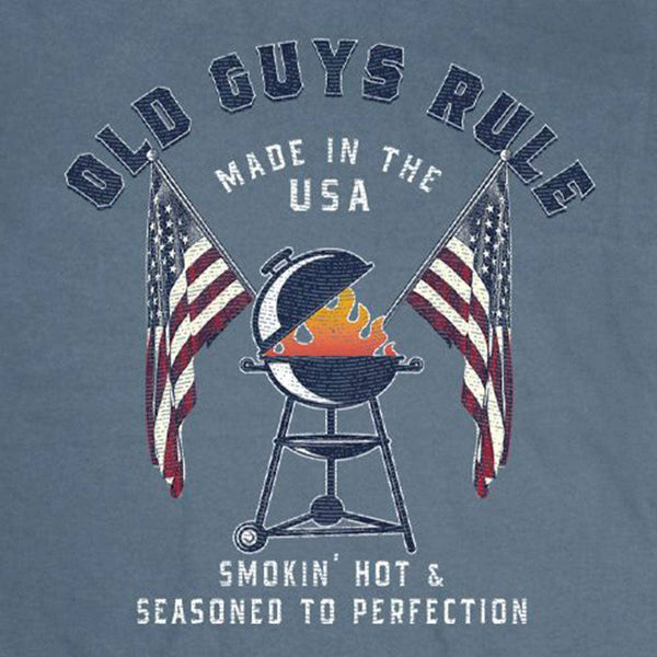 Old guys rule American BBQ smokin' grill indigo shirt