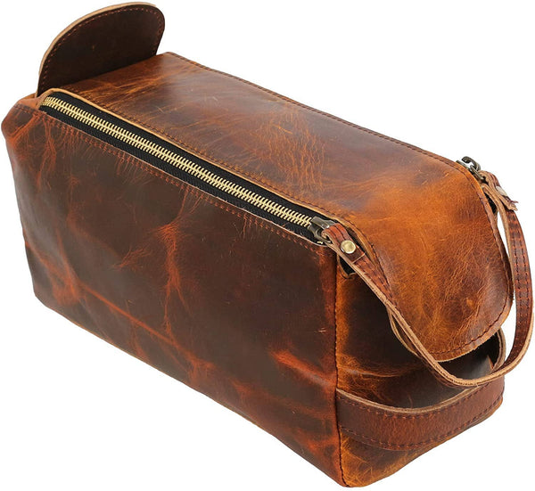 Tuzech Vintage Full Grain Leather Handmade Travel Toiletry Bag Vintage Travel Shaving & Dopp Kit : for Toiletries, Cosmetics & More (Dark Brown)