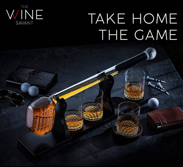 Golf Club Whiskey Decanter and 4 Liquor Glasses