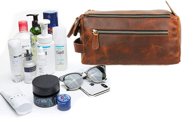 Tuzech Vintage Full Grain Leather Handmade Travel Toiletry Bag Vintage Travel Shaving & Dopp Kit : for Toiletries, Cosmetics & More (Dark Brown)