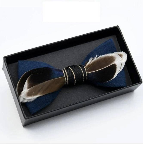 Handmade Blue Brown White Feather Bow Tie W/free Lapel Pin Set