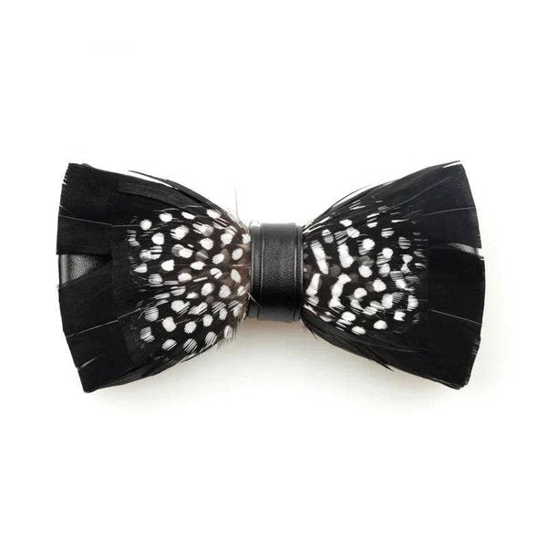 Handmade Adjustable Neckband Feather Bow Tie Black & White Polka Dot  W/free Lapel Pin Set