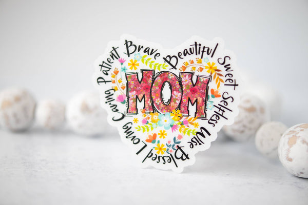 Mom Heart, Floral, Clear Vinyl Sticker, 3x3 in.