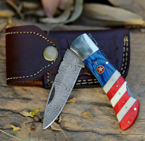 Handmade American Flag Folding Pocket Knife Damascus Steel