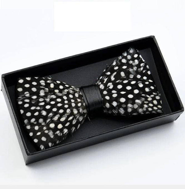 Hand Made Natural Bird Feather Polka Dot Exquisite Bow Tie W/free Brooch Pin Set