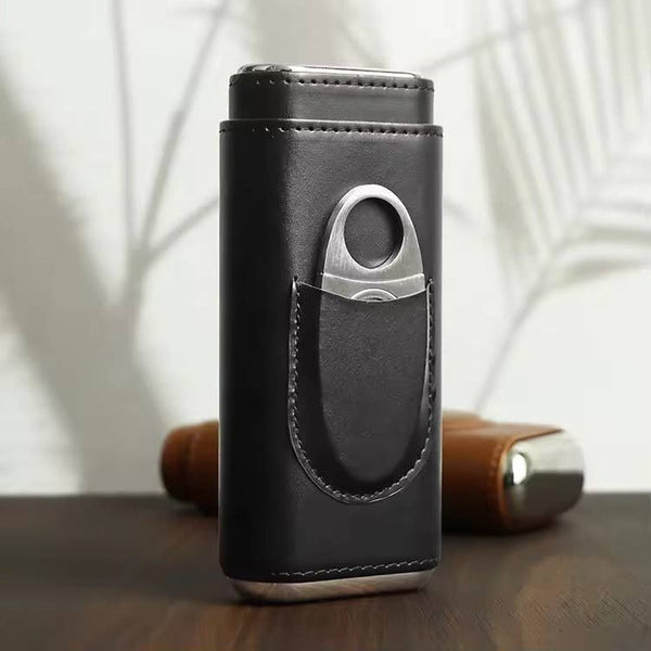 Genuine Leather Cigar Case, Wood Lined Humidor with Cutter