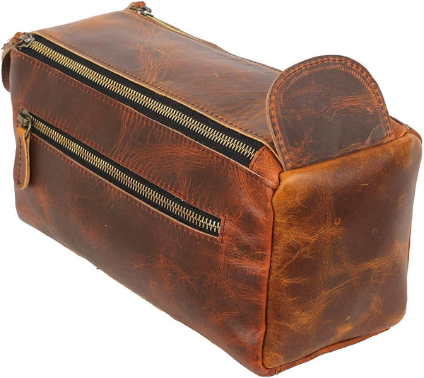 Tuzech Vintage Full Grain Leather Handmade Travel Toiletry Bag Vintage Travel Shaving & Dopp Kit : for Toiletries, Cosmetics & More (Dark Brown)