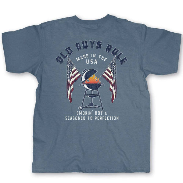 Old guys rule American BBQ smokin' grill indigo shirt