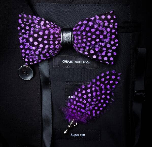Handmade Purple Polka Dot Feather Bow Tie W/free Lapel Pin Set