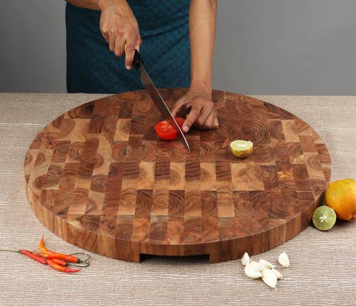 Round End Grain Acacia Wood Cutting Board w/ Cutout Handles