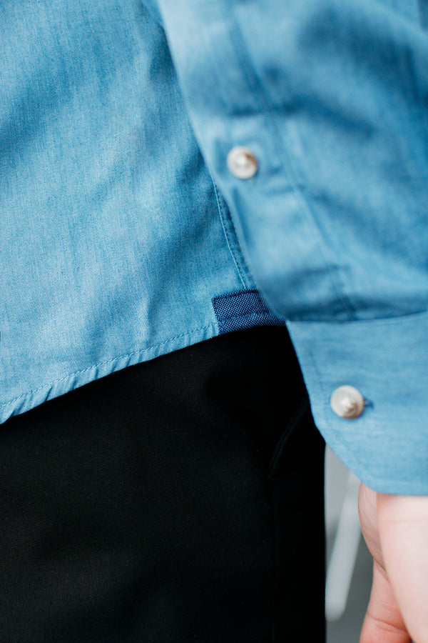 Liam Denim Blue Untuckable Classic Fit Dress Shirt by Alynn